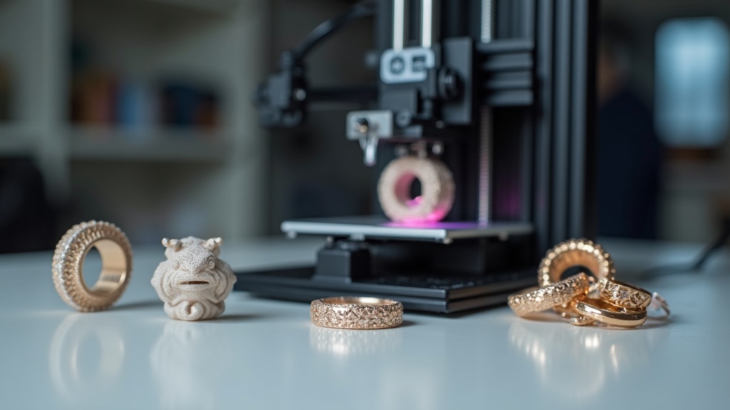 A 3D printer in action creating an intricate jewelry piece, with spools of resin or filament and finished shiny jewelry pieces around it.