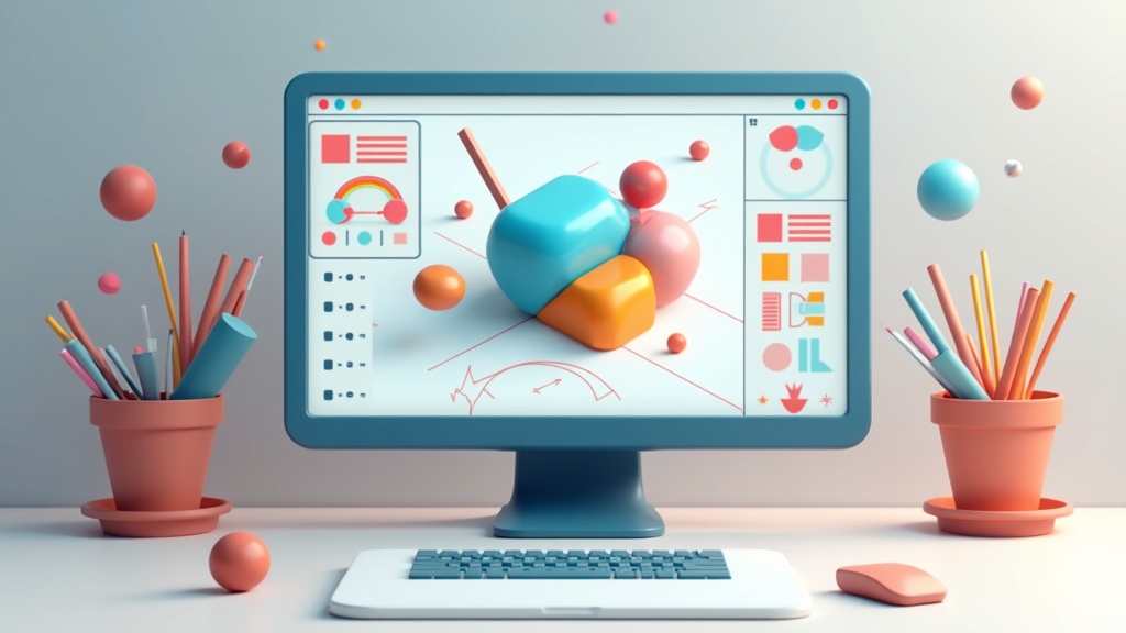 A computer screen displaying a colorful beginner-friendly 3D modeling workspace with simple geometric shapes and a toolbox