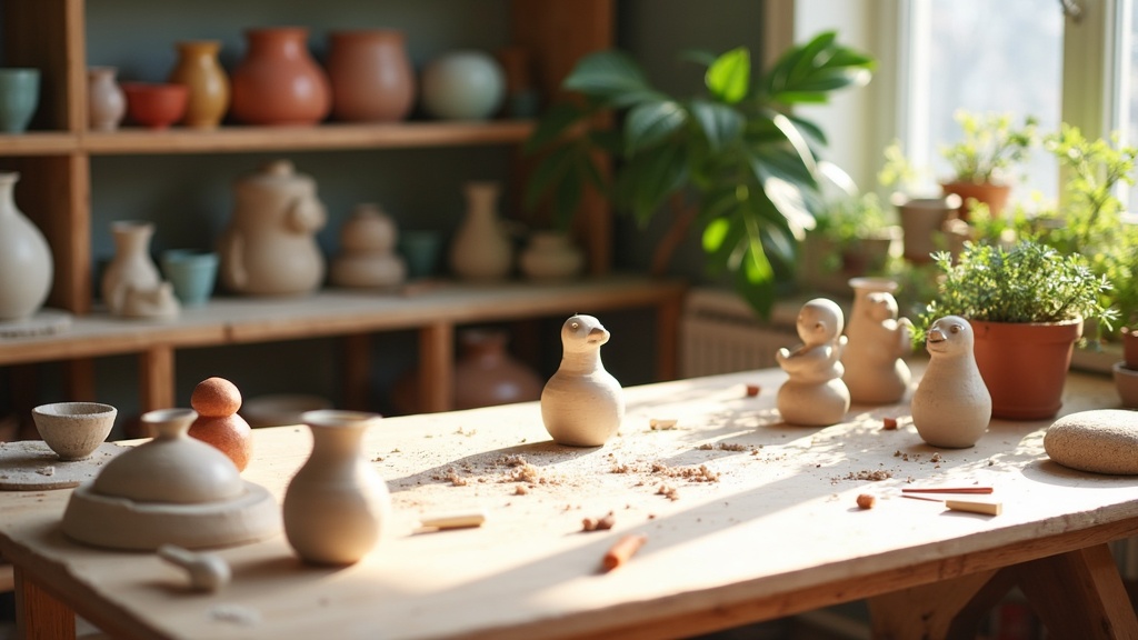 A sunlit pottery table with various ceramic sculptures, fresh clay, and sculpting tools scattered around. In the background, shelves display colorful beginner ceramic pieces with plants nearby.