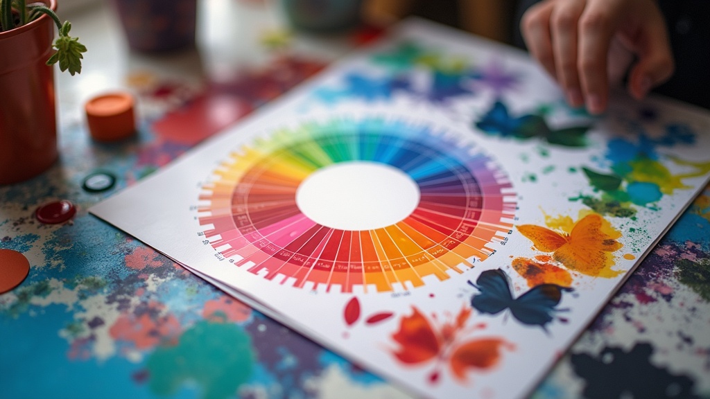 A vibrant digital color wheel and blending swatches, paintbrushes and digital tools on a colorful workspace
