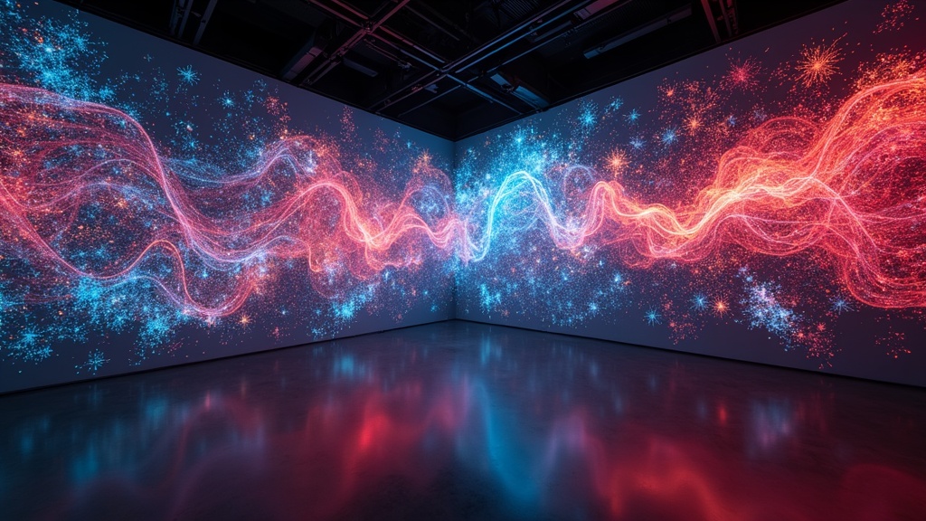 Abstract digital art installation with vibrant colors and technology-inspired shapes.