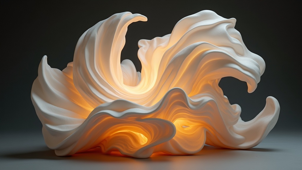 Abstract sculpture with flowing shapes and light, resembling inspiration.