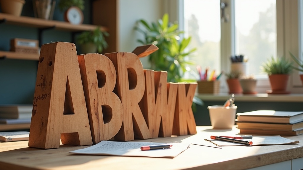 Sculpted letters forming playful word structures on a wooden desk.