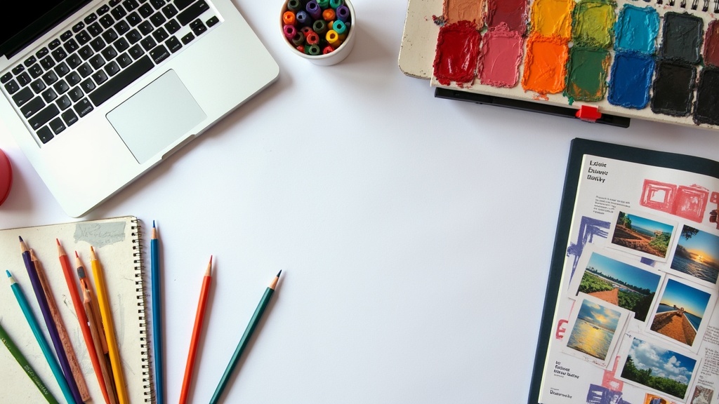 A vibrant and creative artist's workspace featuring sketchbooks, colorful art supplies, a laptop with an email marketing dashboard, and digital artwork previews.
